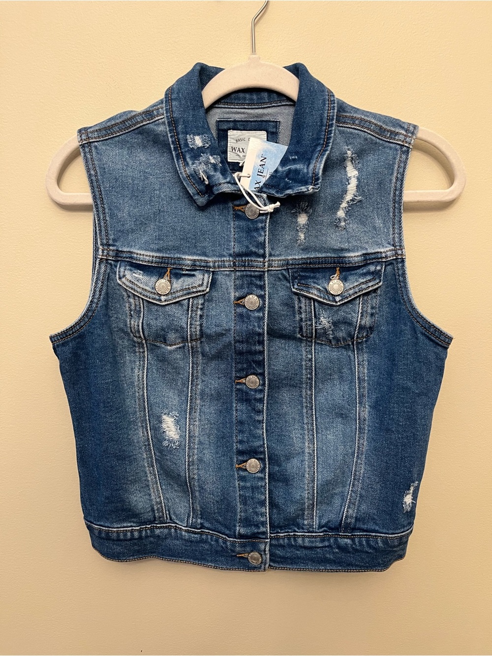 NWT Wax Jean Denim Vest Women's Size Medium Distressed Casual